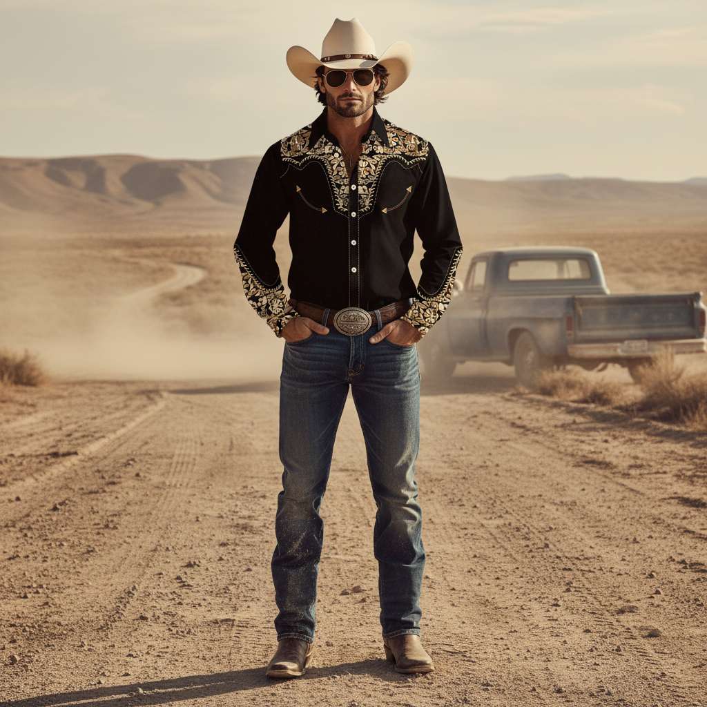 Candid portrait of a masculine model wearing a black Western Cowboy Shirt in a dusty outdoor setting, evoking a modern outlaw