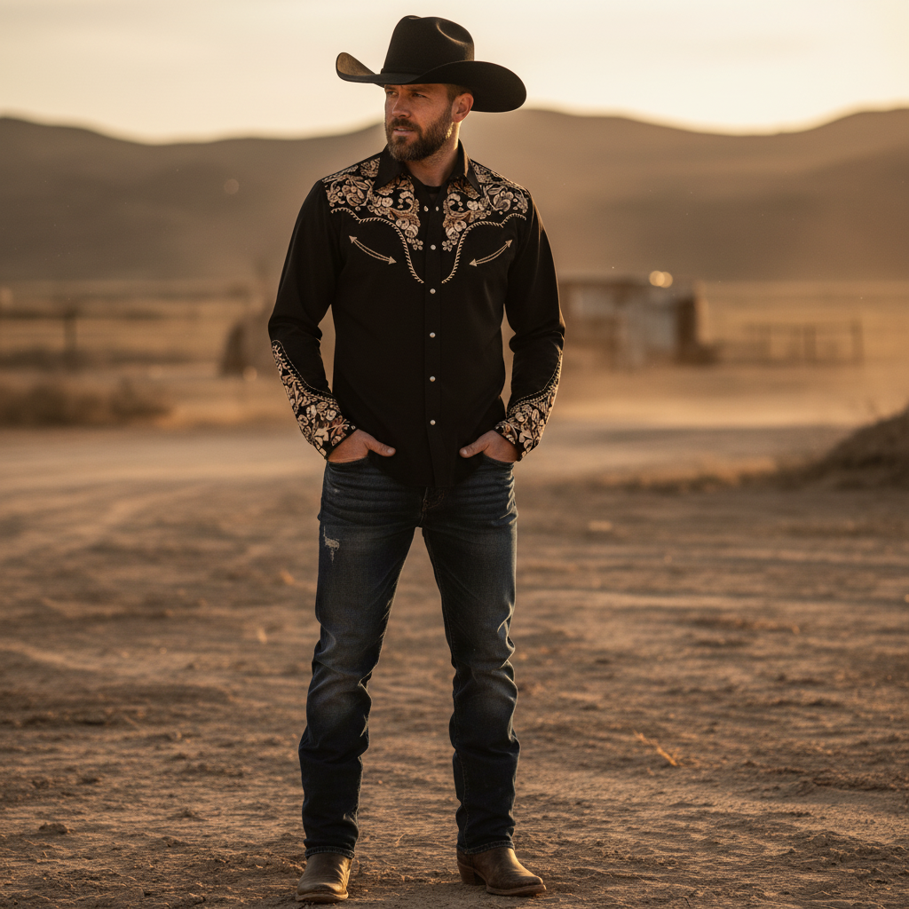 Masculine model wearing a black western cowboy shirt in a dusty outdoor setting, with a modern streetwear aesthetic.