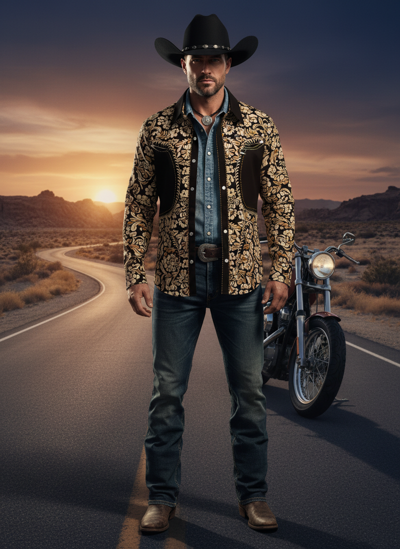 A confident man in a "BLACKRIDGE" western cowboy shirt stands on a dusty desert highway at twilight, exuding a modern outlaw 