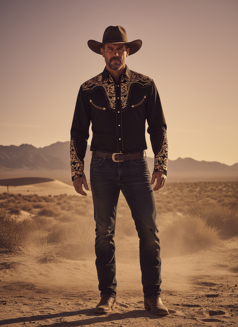 Man in embroidered BLACKRIDGE Western Cowboy Shirt in a dusty desert landscape, exuding a modern outlaw aesthetic.