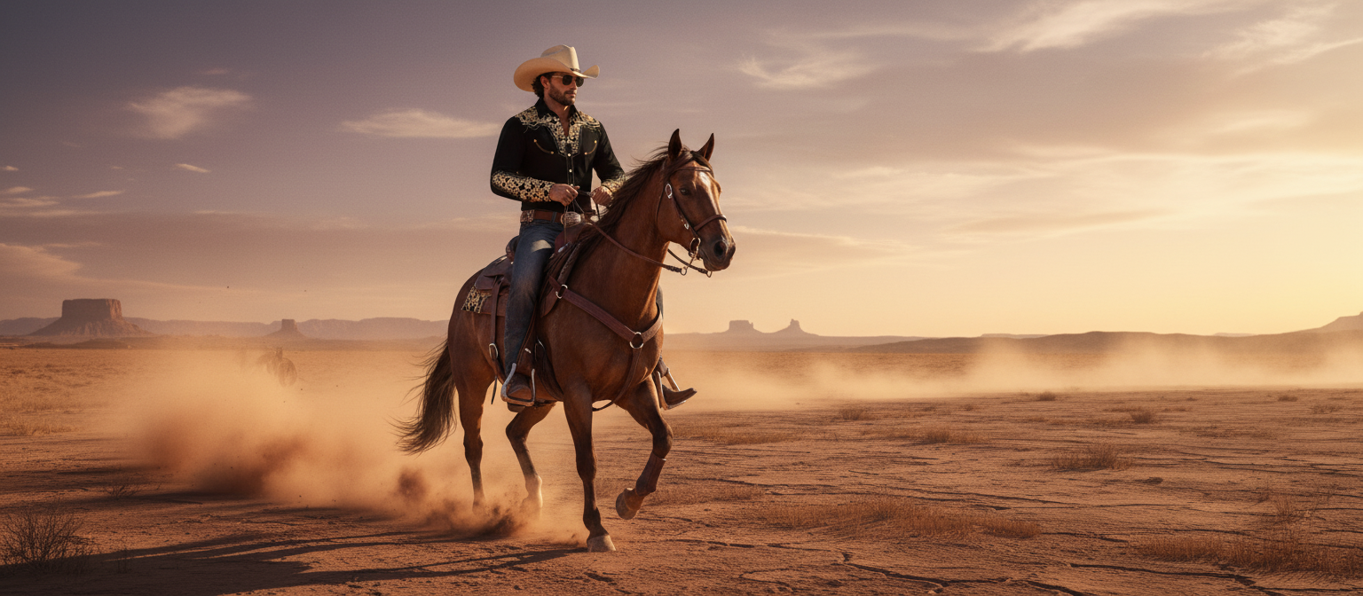 A lone figure in a black embroidered western cowboy shirt rides a horse through a dusty desert landscape at sunset, evoking r
