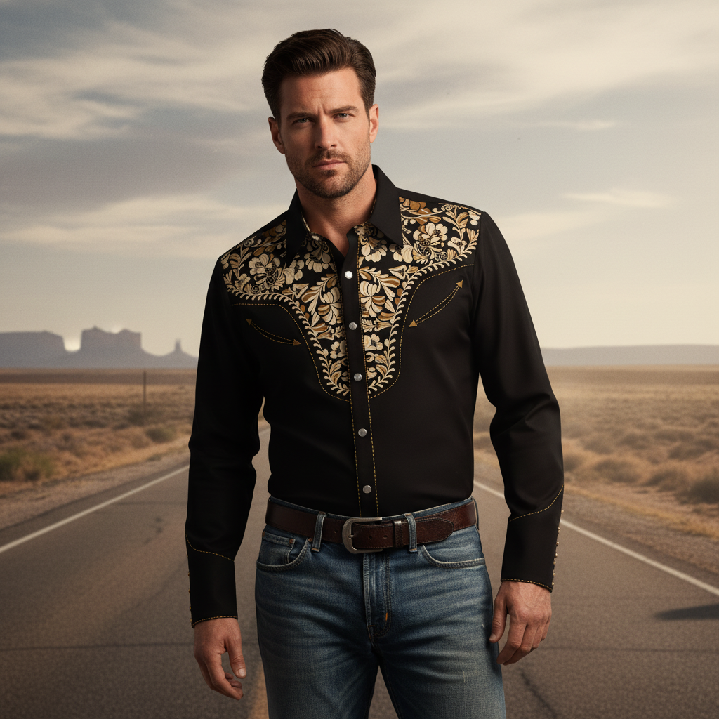 Masculine model wears a black embroidered Western Cowboy Shirt and rugged denim, standing on a desert highway. The image has 