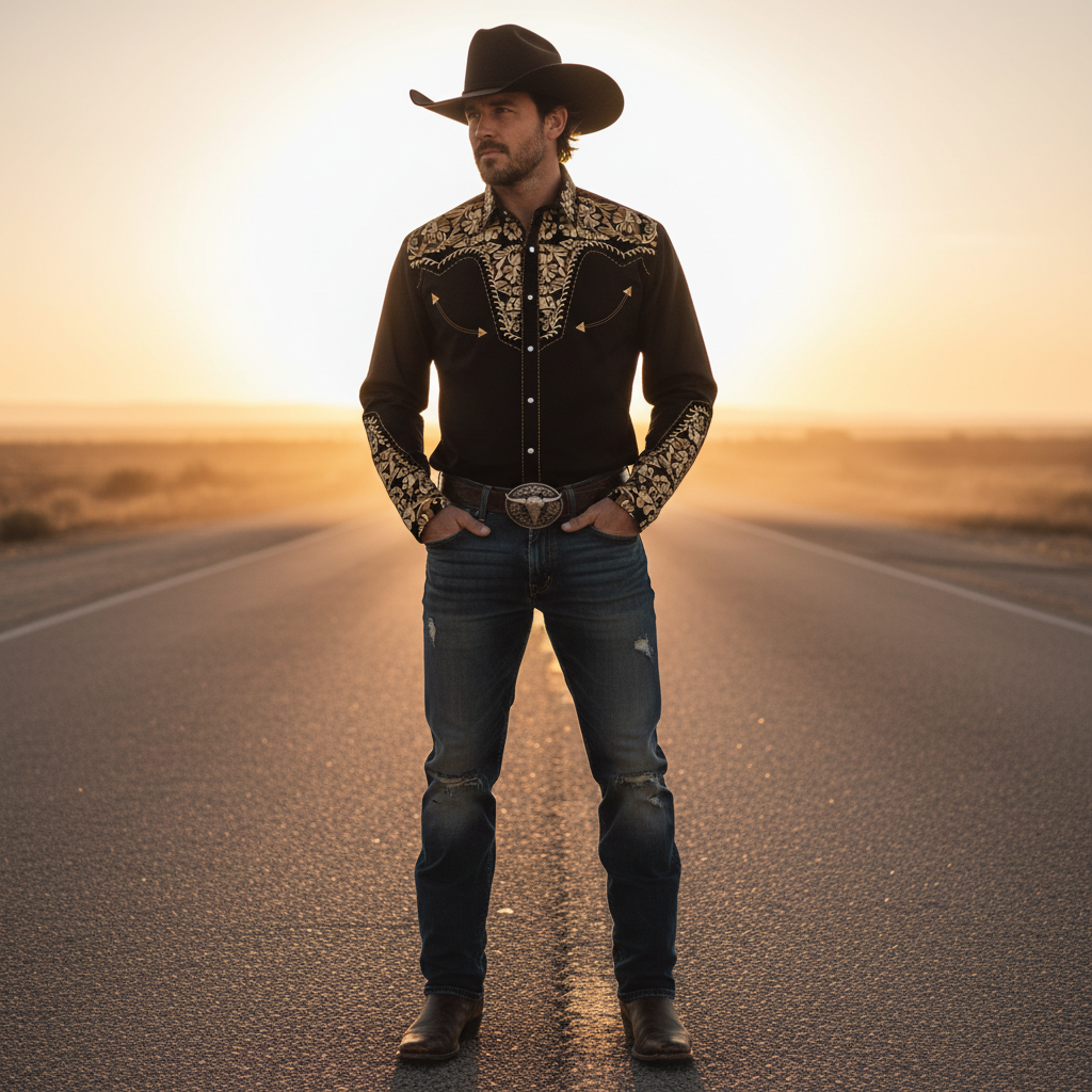 A masculine model wears a "BLACKRIDGE" Western Cowboy Shirt, embroidered and rugged, set against a dusty desert highway at su
