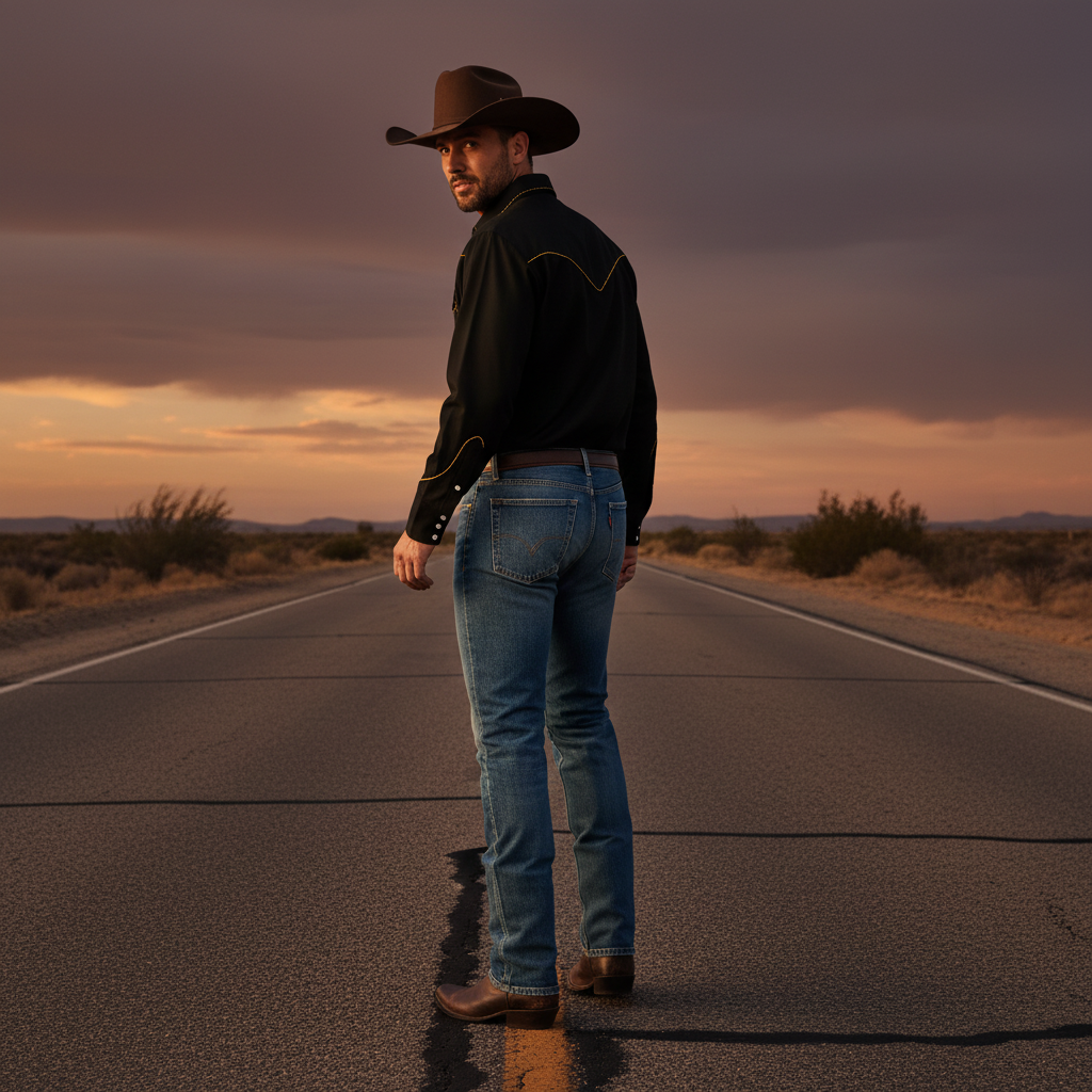 A candid male model in a rugged desert landscape, wearing a "BLACKRIDGE" Western Cowboy Shirt and retro denim, exuding a conf