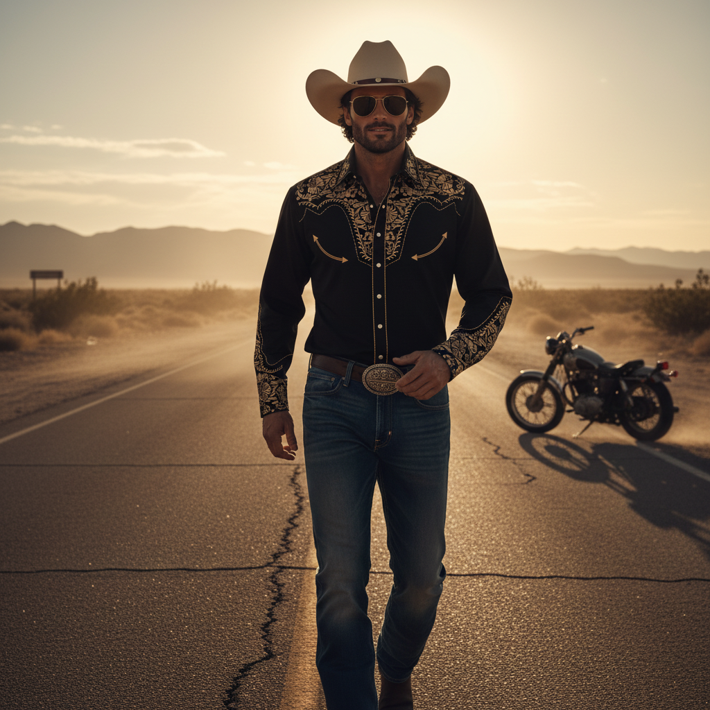 Masculine model wearing a black embroidered Western Cowboy Shirt in a dusty desert setting, with a modern outlaw aesthetic.