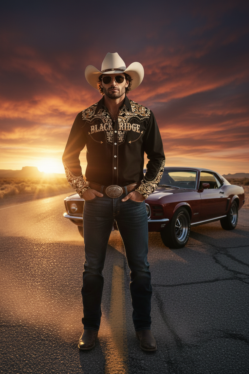 A modern cowboy wearing a dark, embroidered western shirt stands on a dusty desert highway with a classic car in the backgrou