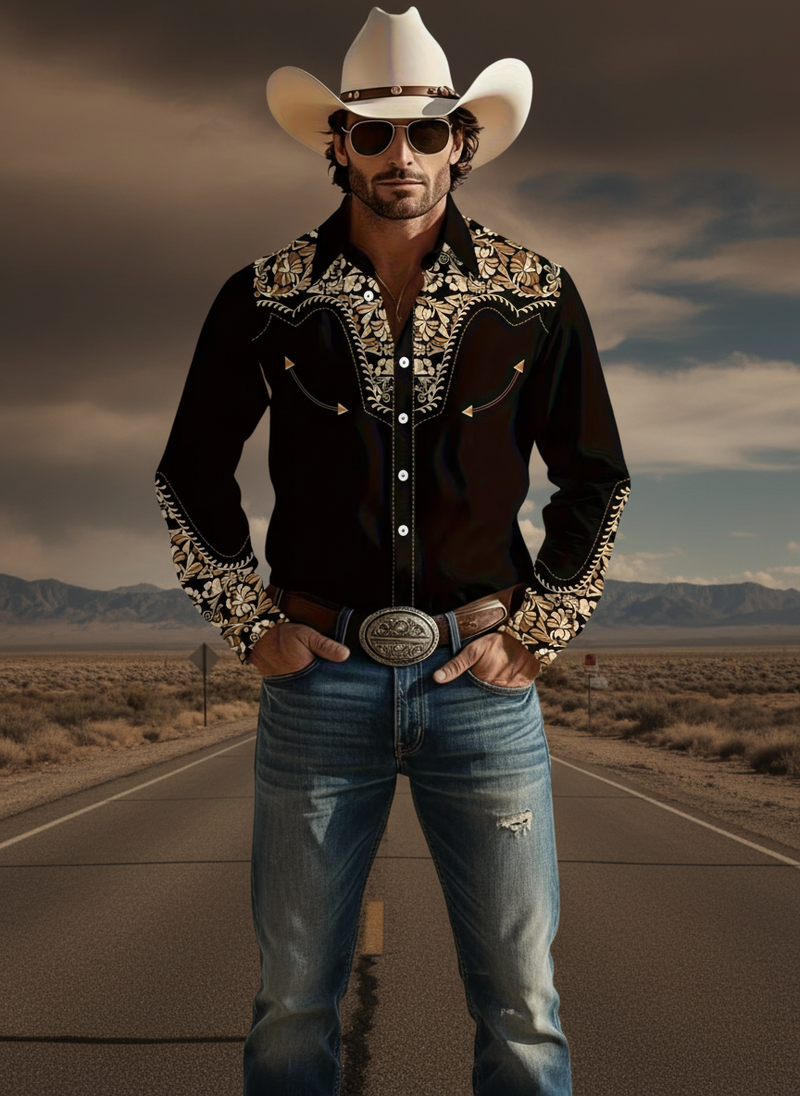 A man wearing a "BLACKRIDGE" Western Cowboy Shirt in a modern outlaw style, standing confidently against a dusty desert highw