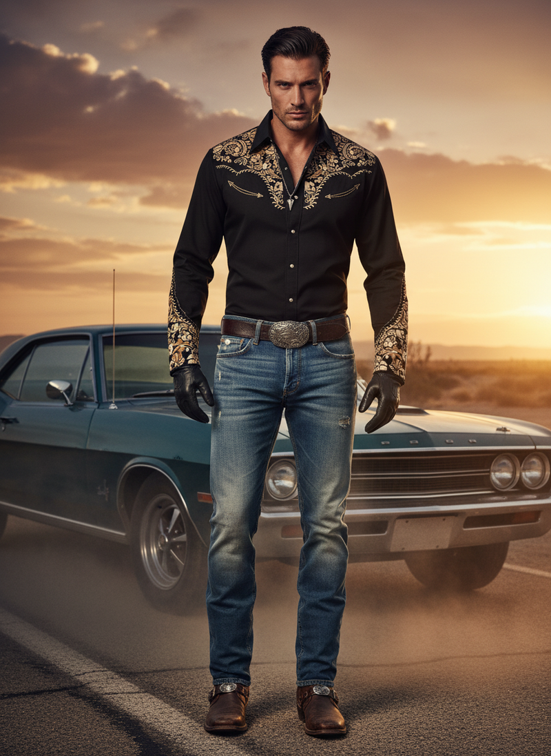 Masculine model in a black embroidered Western cowboy shirt, standing by a vintage car on a dusty desert highway.
